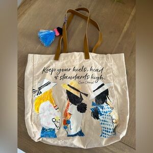 Empowered women recycled cotton canvas tassel totebag with faux leather handle